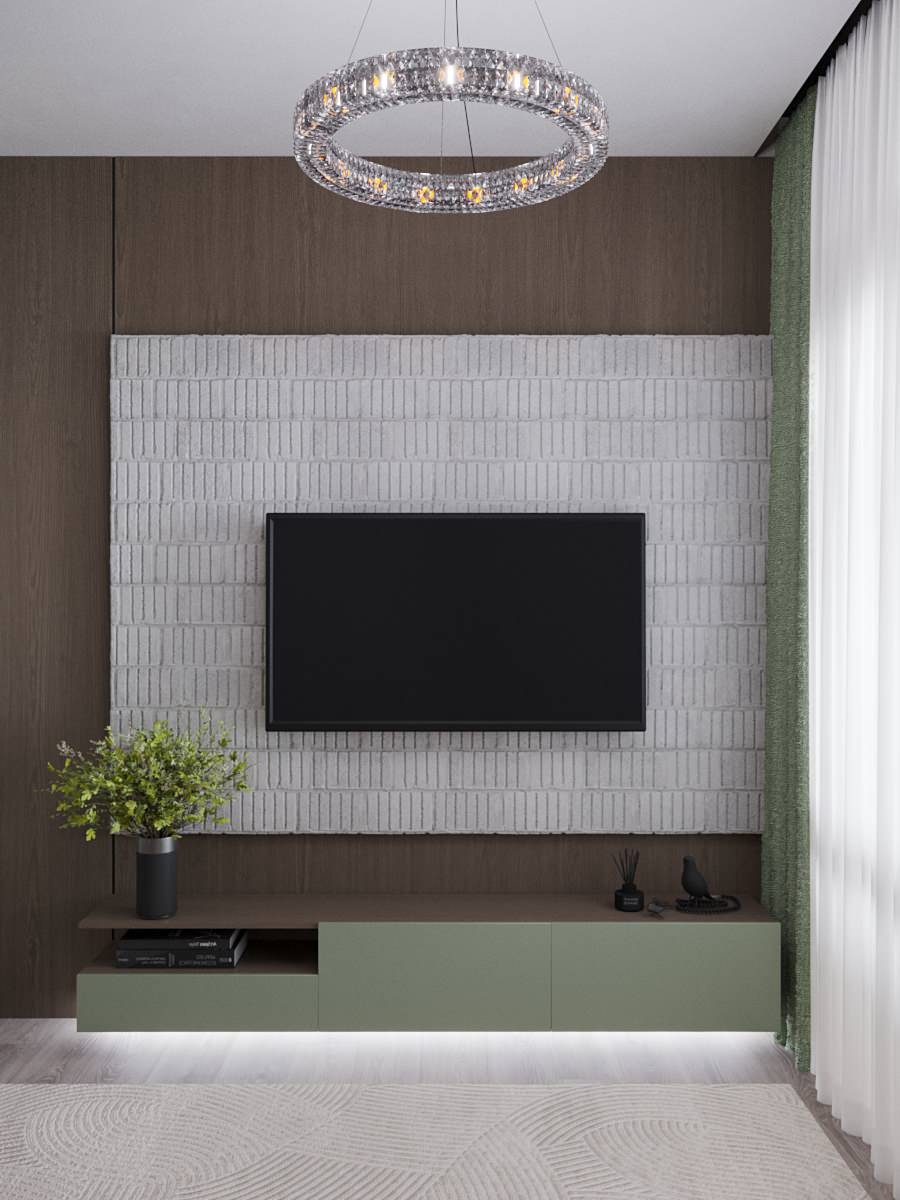 Дизайн кухни-гостиной в оливковом цвете