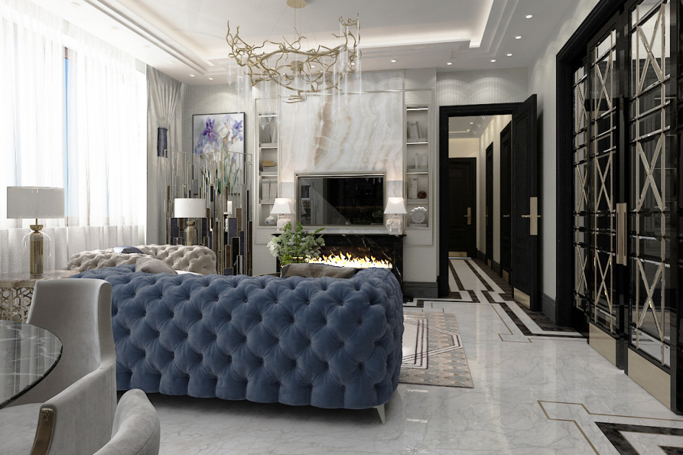 Гостиная с камином ArtDecoю. Квартал Redside