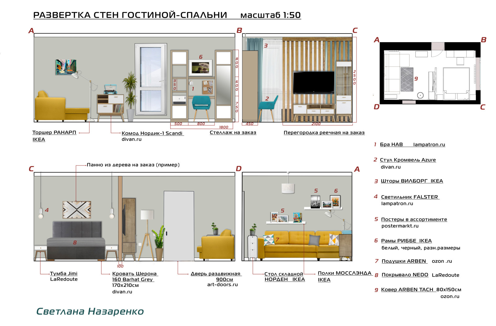 Развертка стен гостиной-спальни