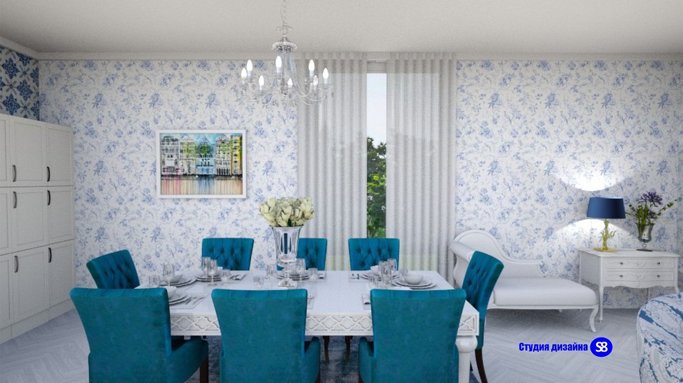 Кухня совмещенная с гостиной в классическом стиле для клиента из Франции