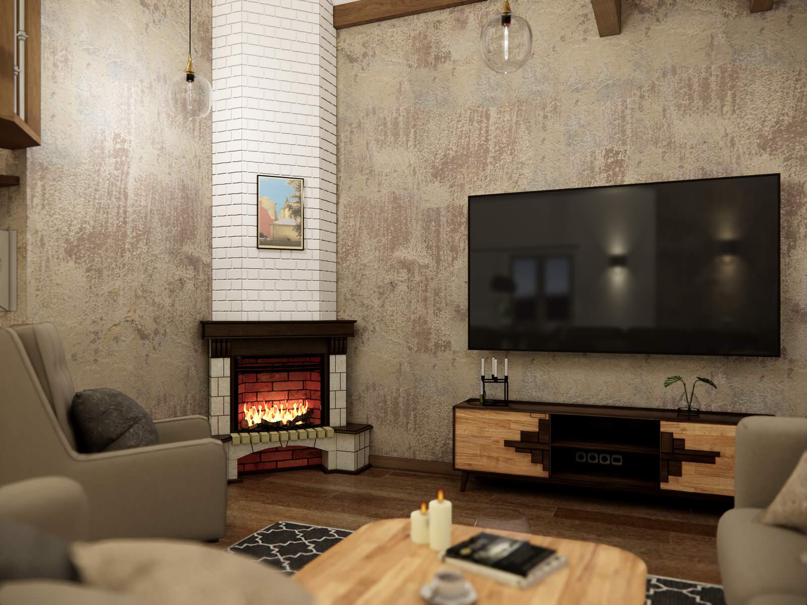 Дом в немецком стиле: кухня и гостиная с камином и лестницей