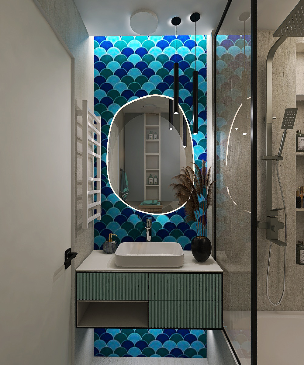 Обложка проекта: квартира в серо-бежевых тонах с яркой ванной