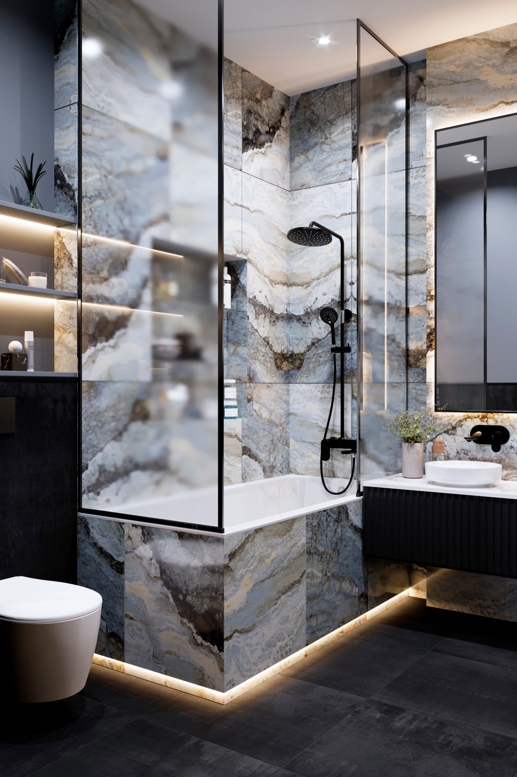 Ванная комната с гардеробной (мастер спальня). Ванная отделана керамогранитом