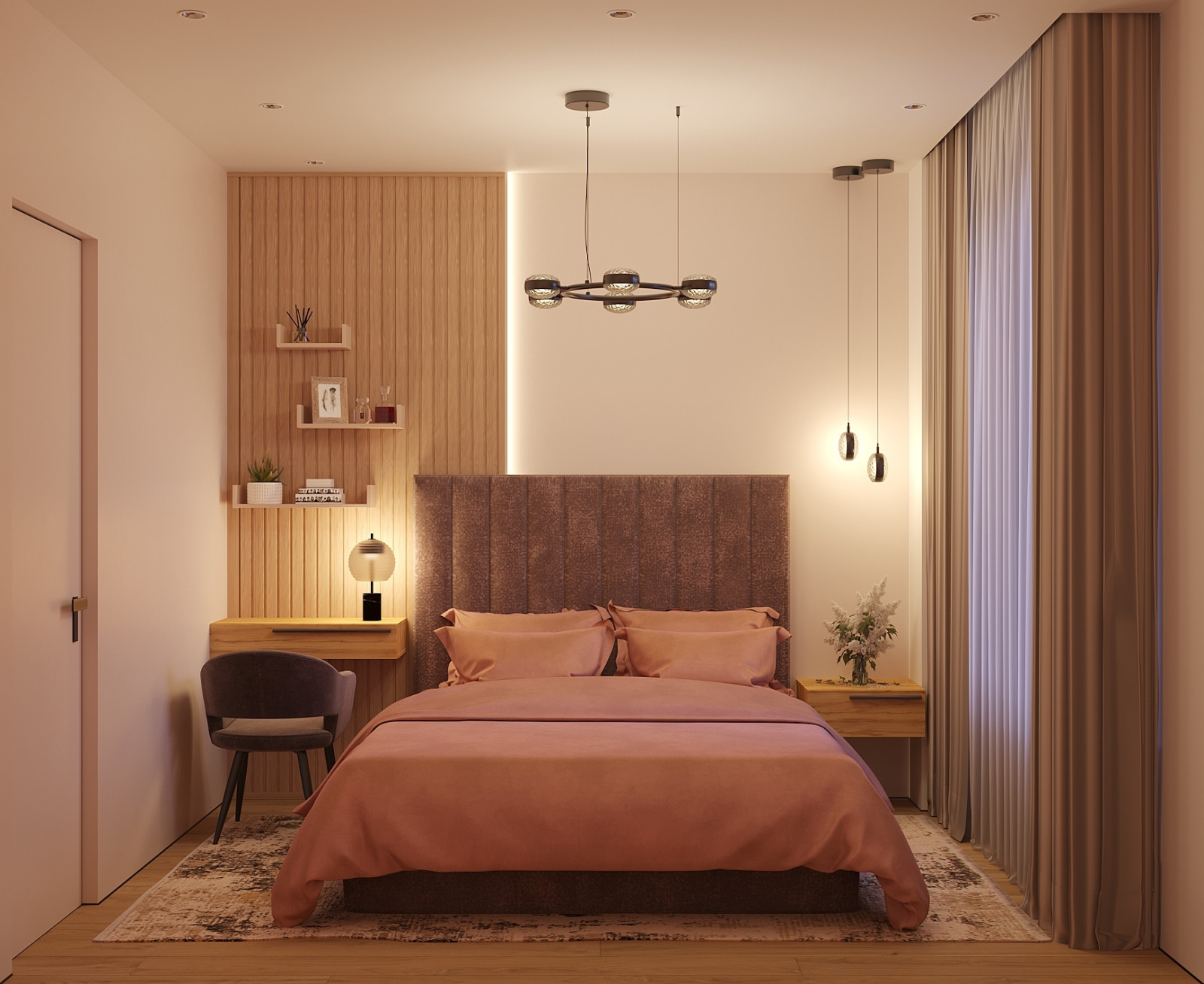 Спальня с дневным и вечерним сценариями освещения