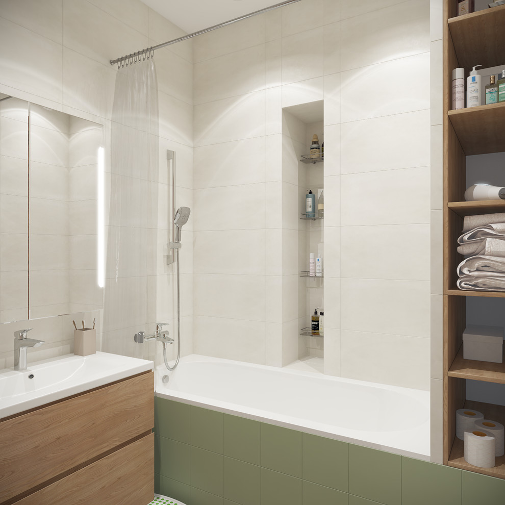 Скандинавский Минимализм. Гостевая ванная комната, много мест для хранения