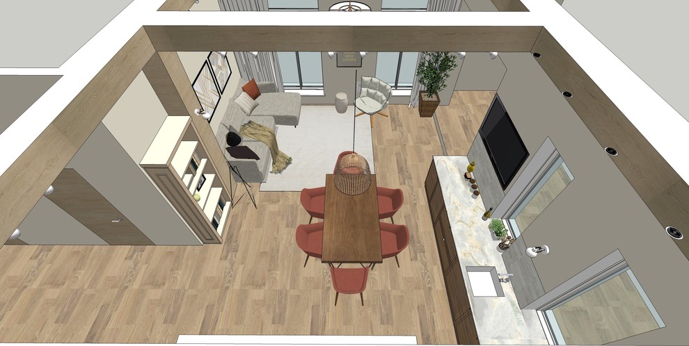 Деревянные балки в современной кухне-гостиной