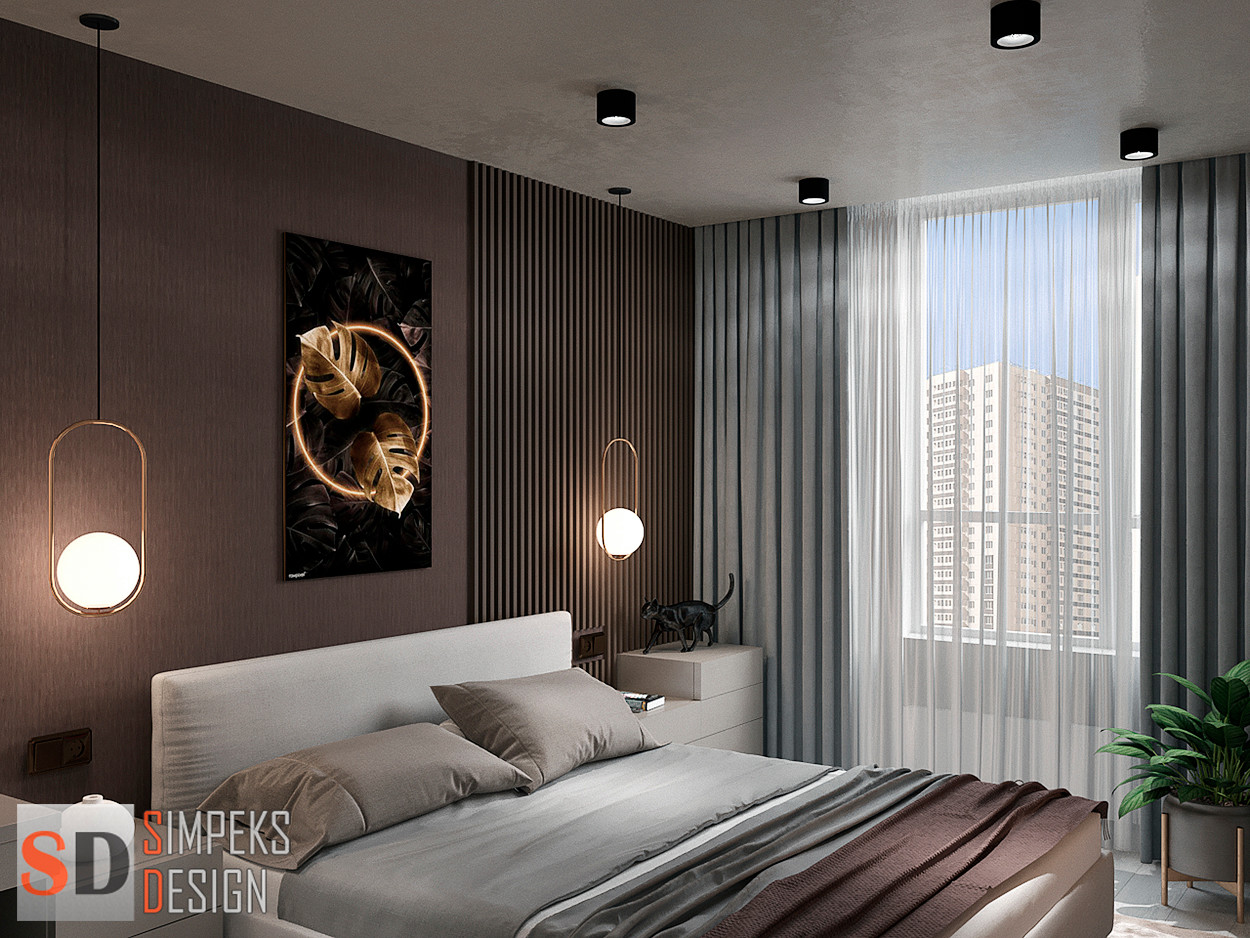 Коричневые обои в спальне