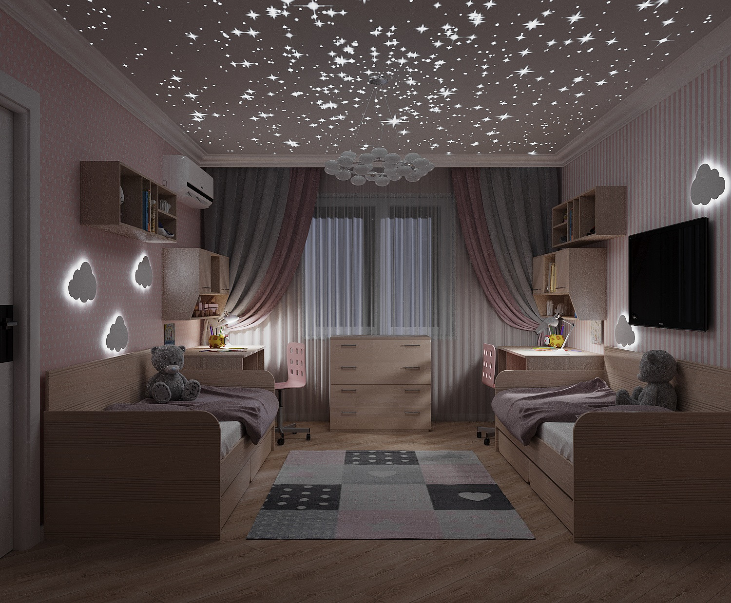 Обложка проекта: нежная детская комната для двух девочек