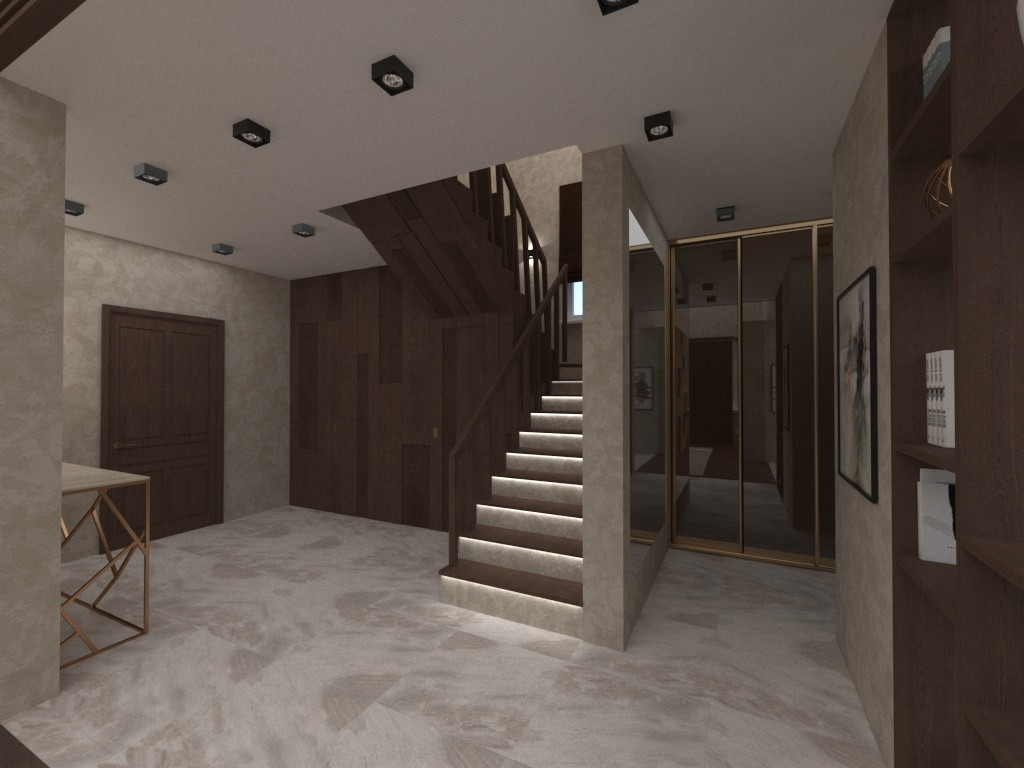 Прихожая с лестницей, вид из зала