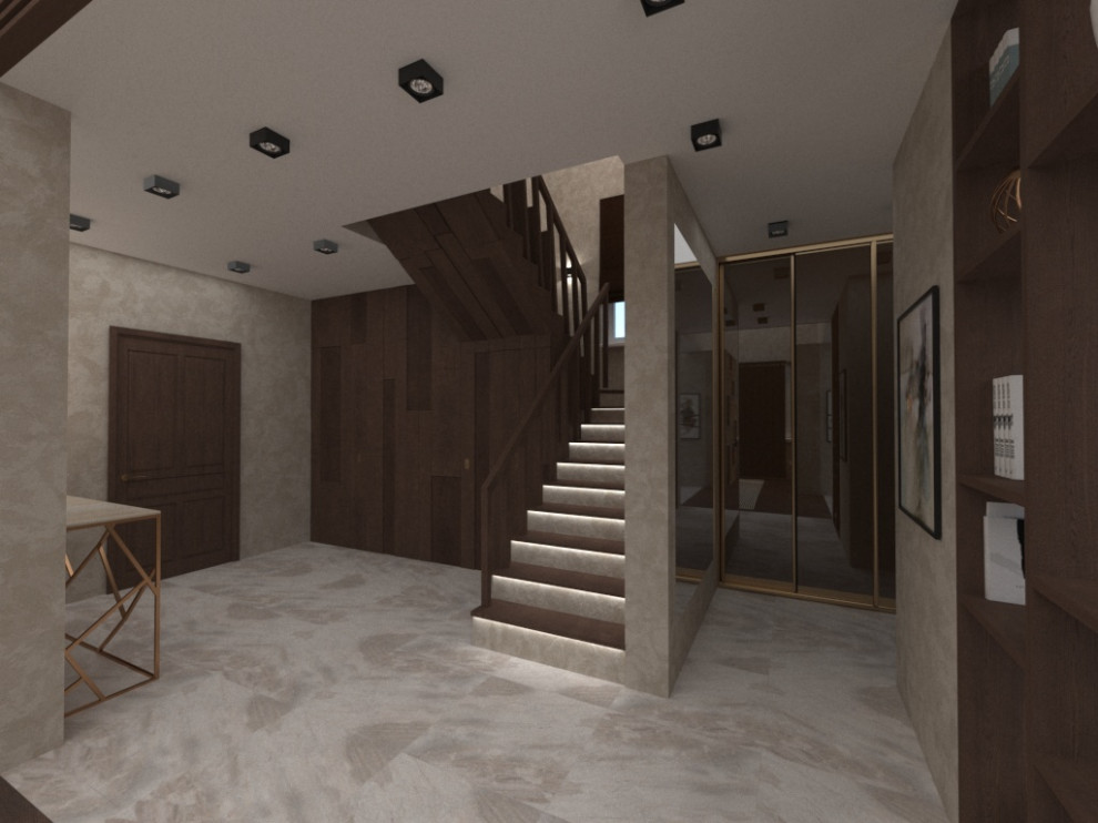 Прихожая с лестницей, вид из зала