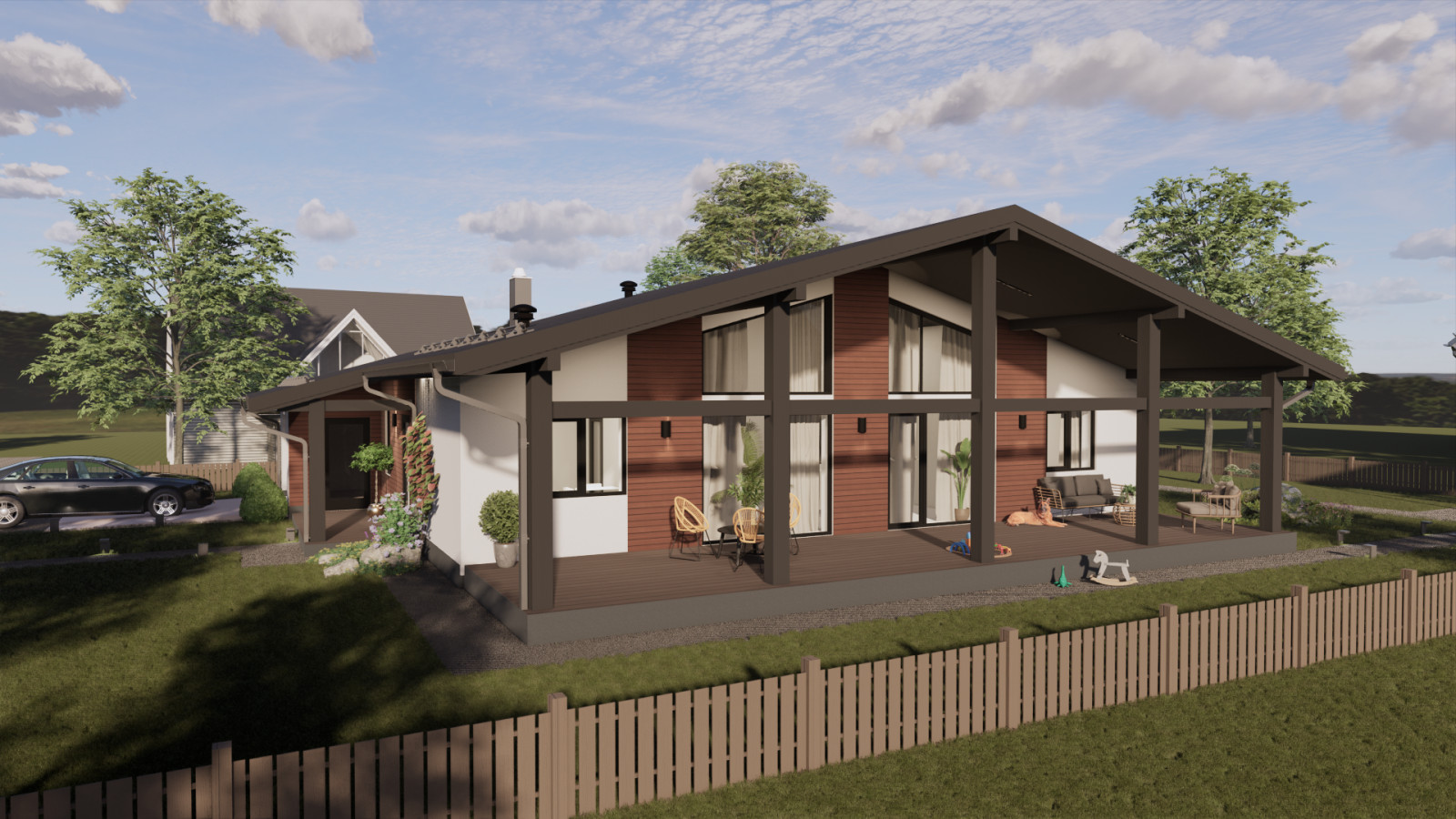 Одноэтажный дом с открытой террасой