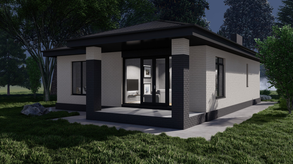 Обложка проекта: Одноэтажный дом с двумя спальнями, кабинетом и кухней-столовой (107 м2)