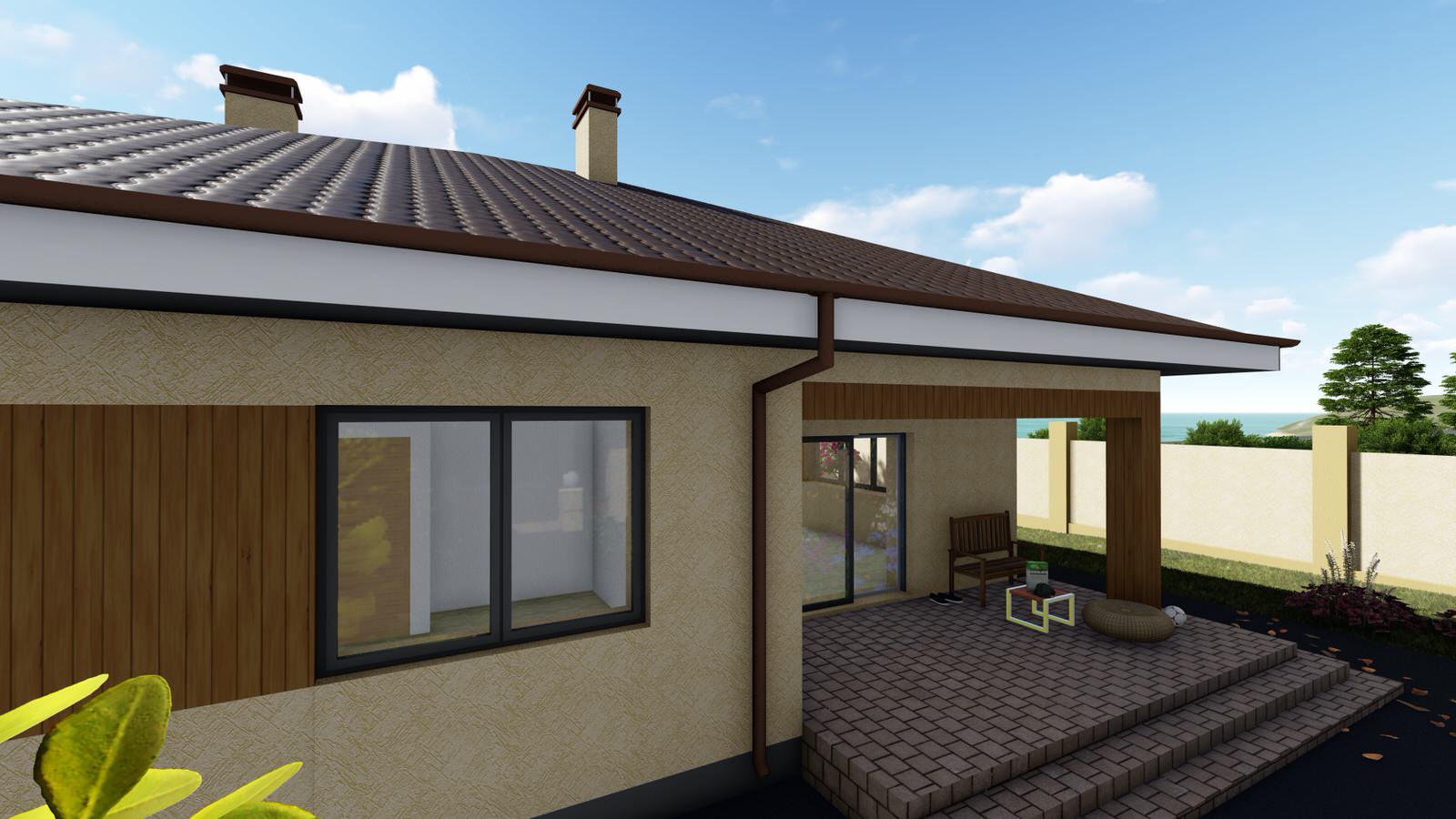 Одноэтажный дом с беседкой