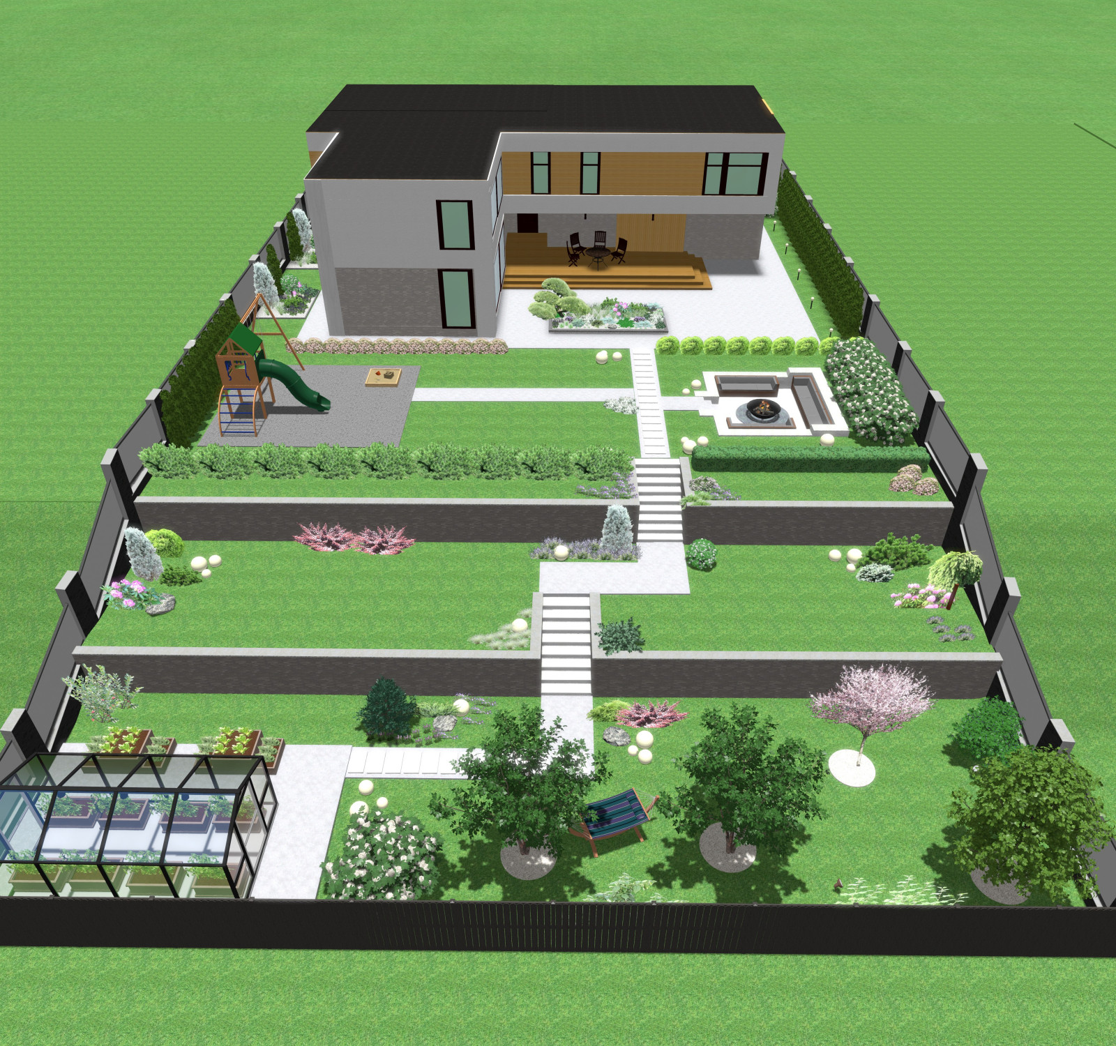 Проект участка с вертикальной планировкой. Подпорные стенки и перепады высот.