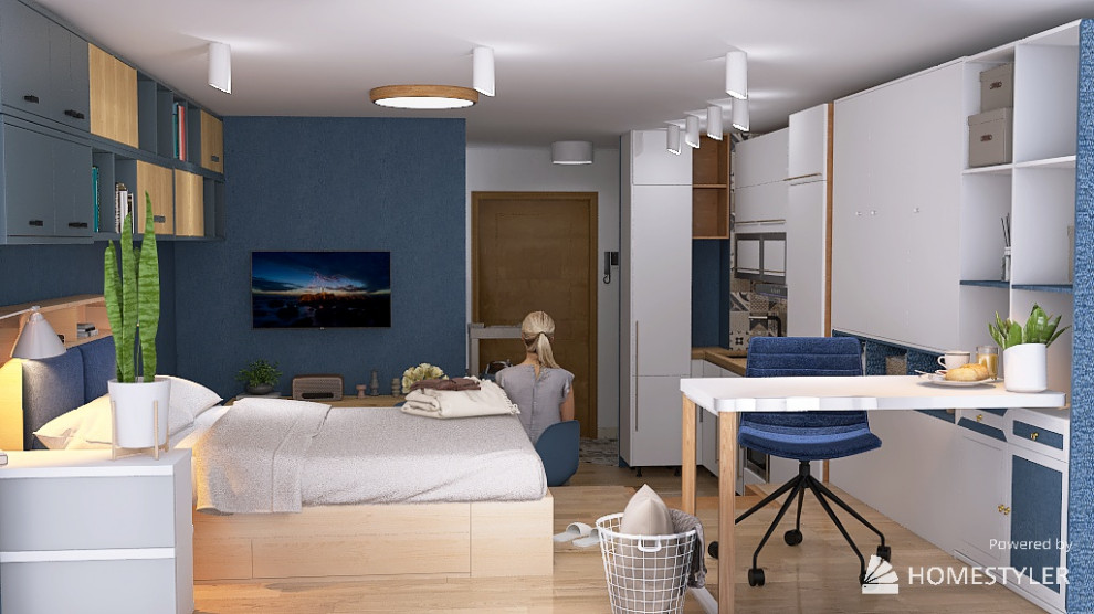 Квартира-студия с кроватью на подиуме для семейной пары