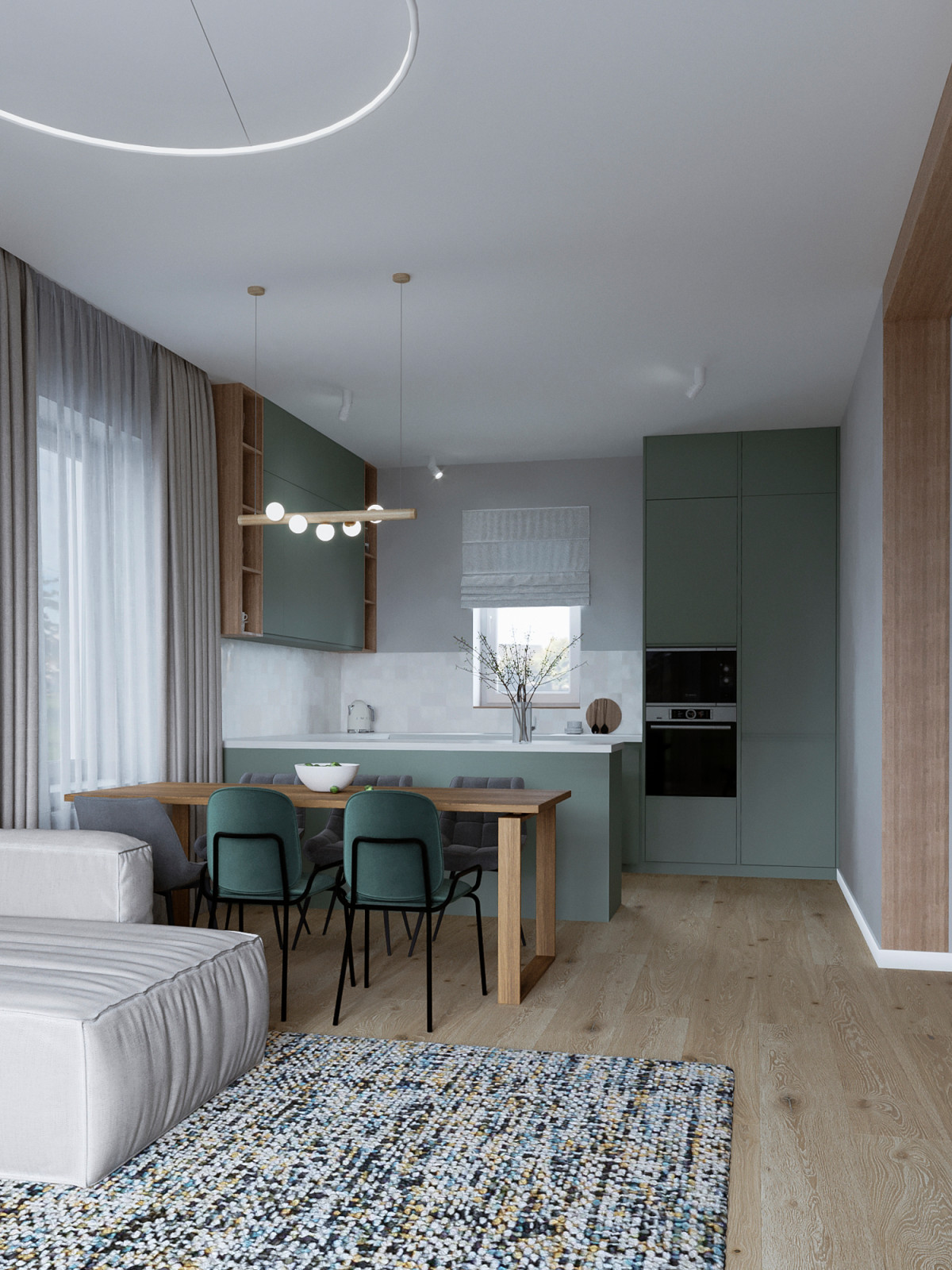 Современный интерьер дома с акцентами лестного цвета