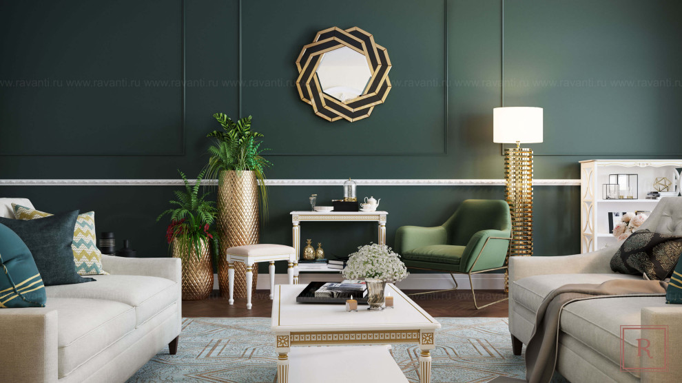 Гостиная в тёмно-зелёном и белом тонах