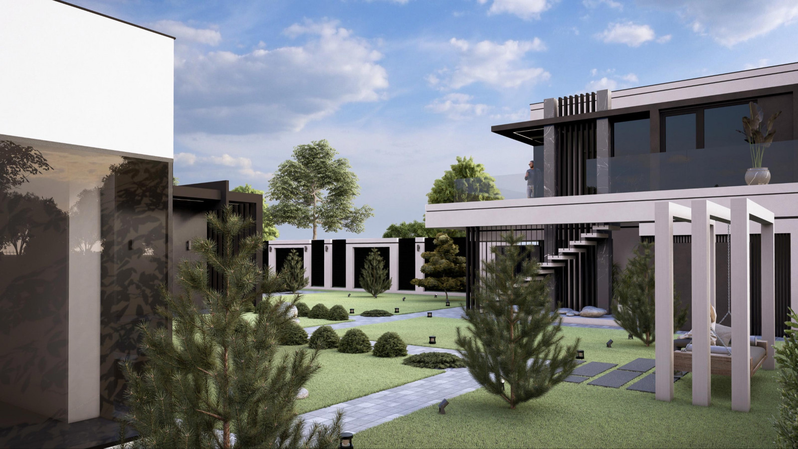 Проект фасада  и ландшафта для дома с плоской крышей