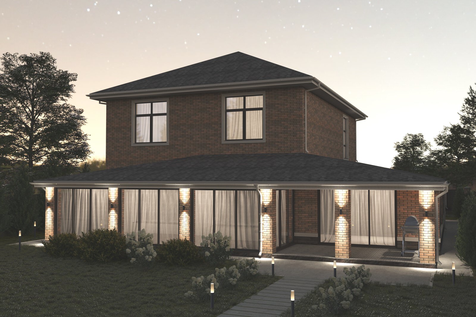 Реновация коттеджа (фасады, пристрой гаража и сауны с верандой, наружный свет)