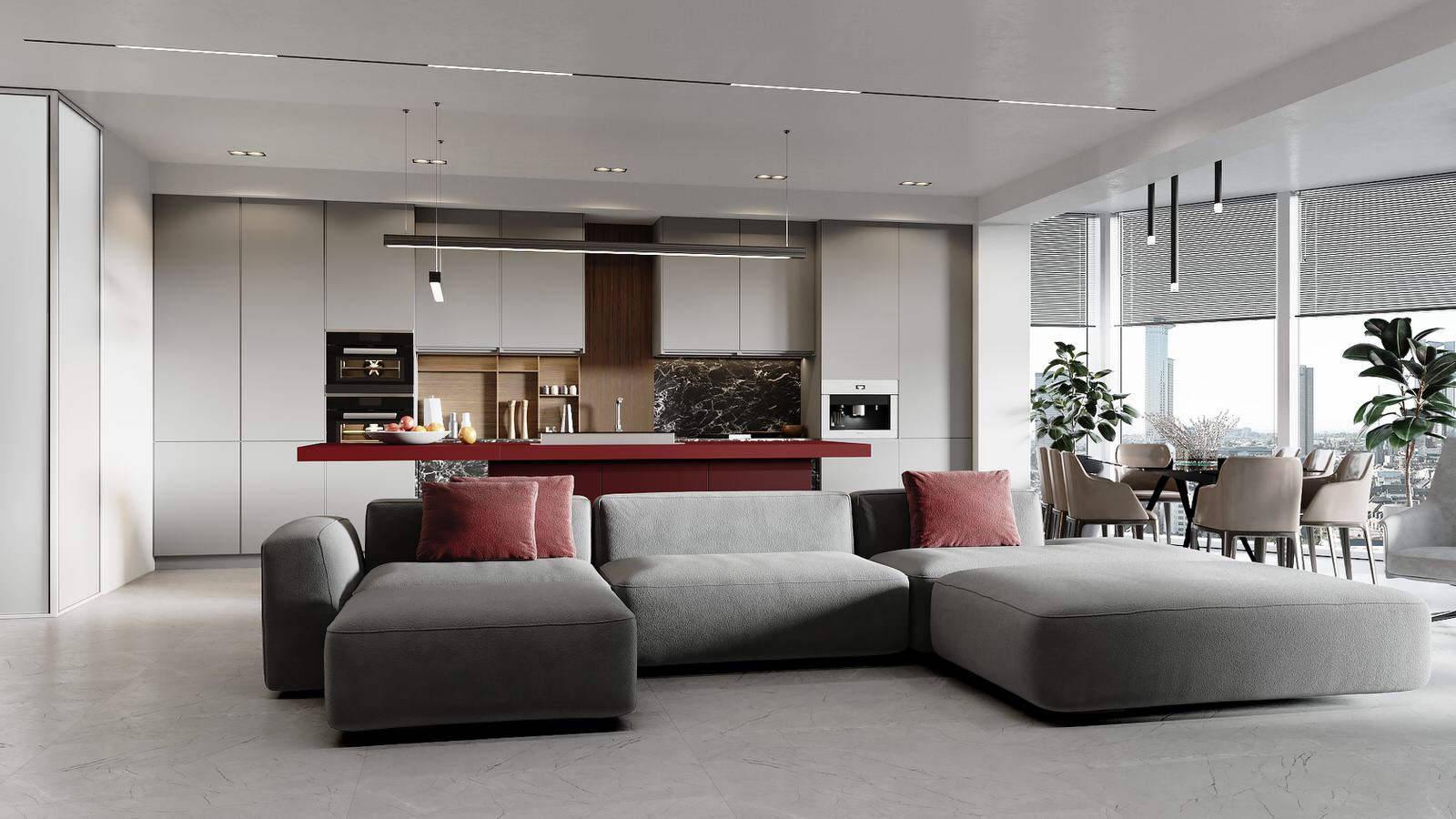 Современная кухня-гостиная с цветными элементами