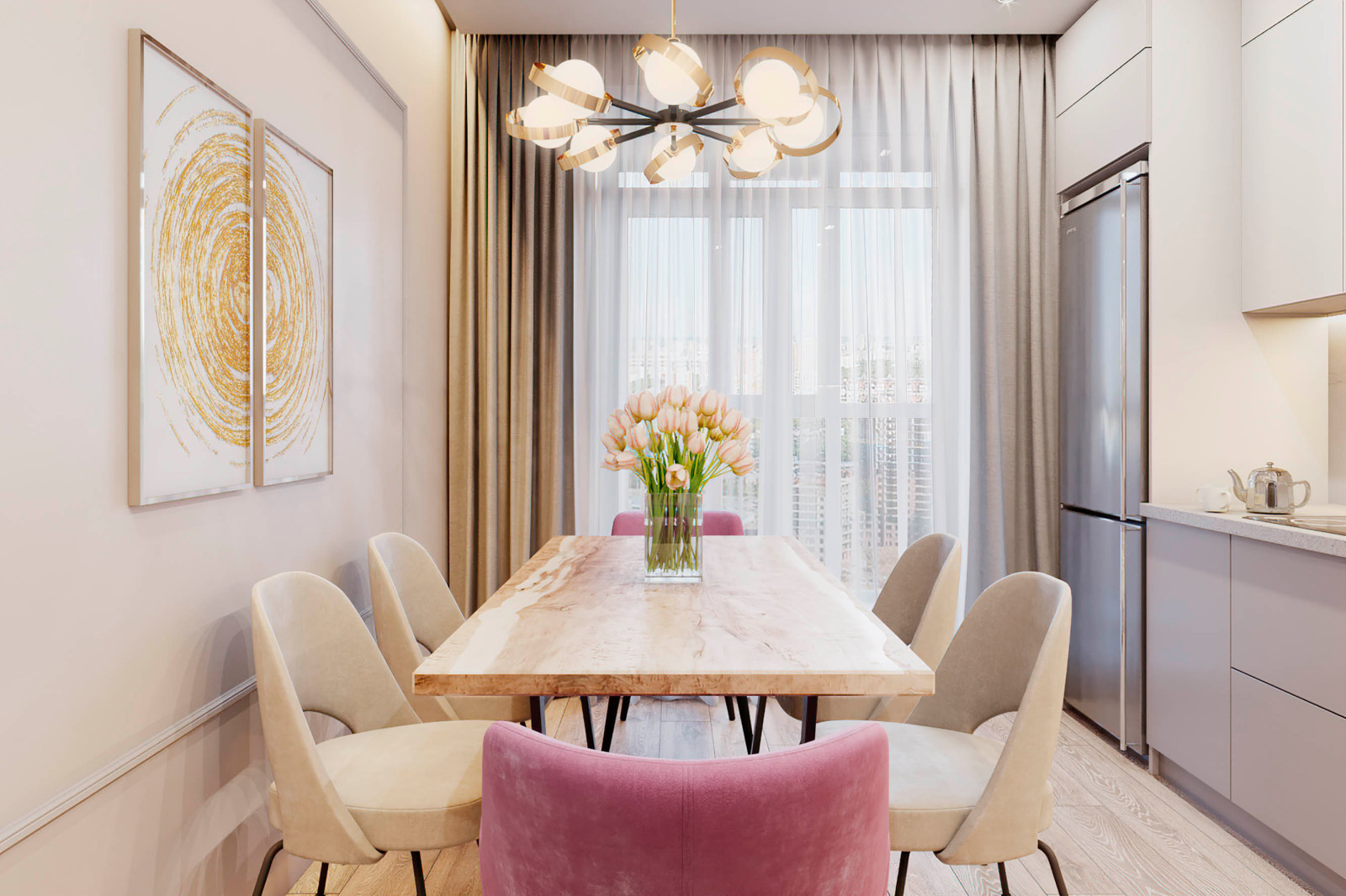 кухня-столовая в кремовых тонах