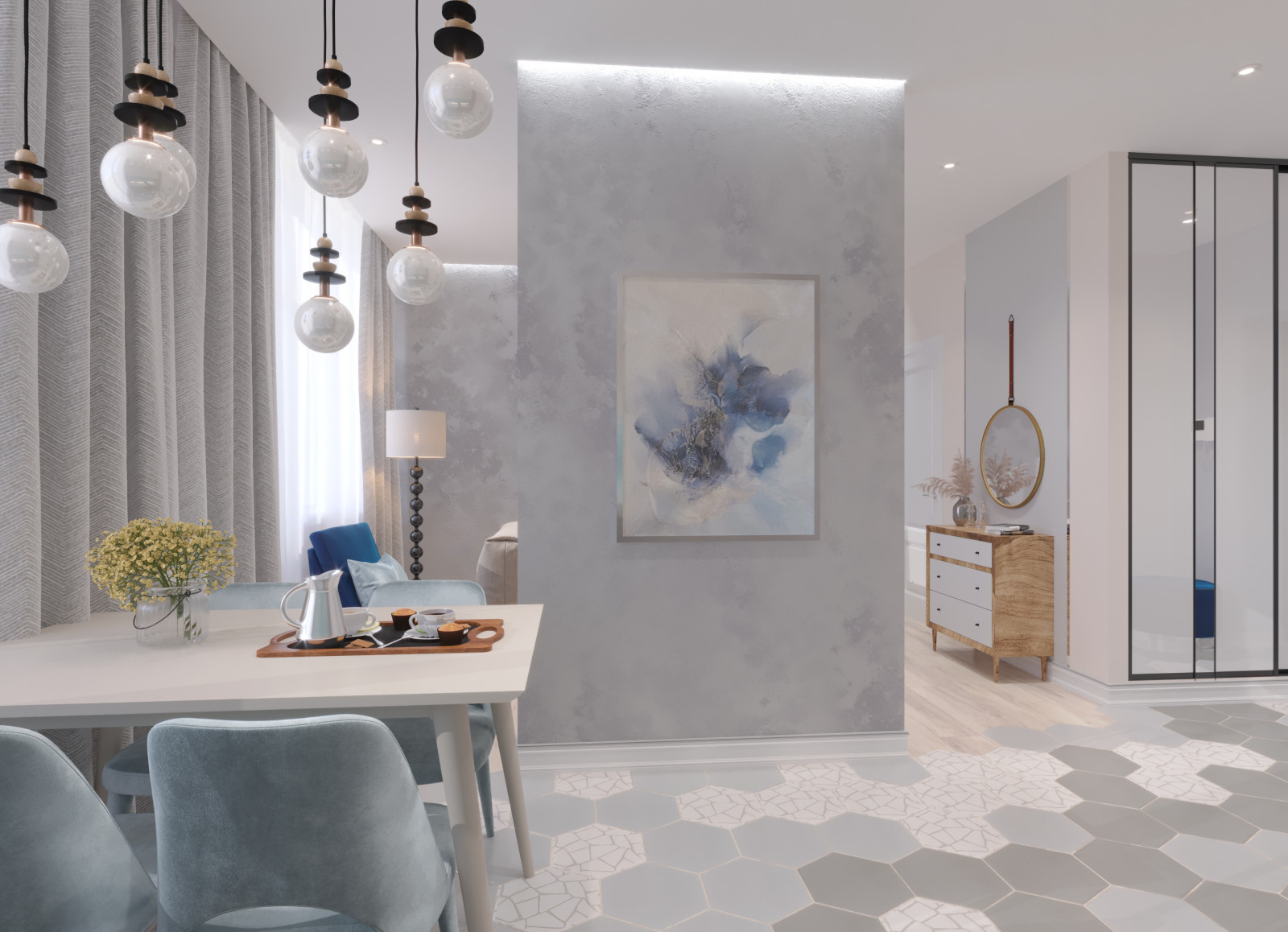 Дизайн интерьера однокомнатной квартиры-студии в стиле Контемпорари.