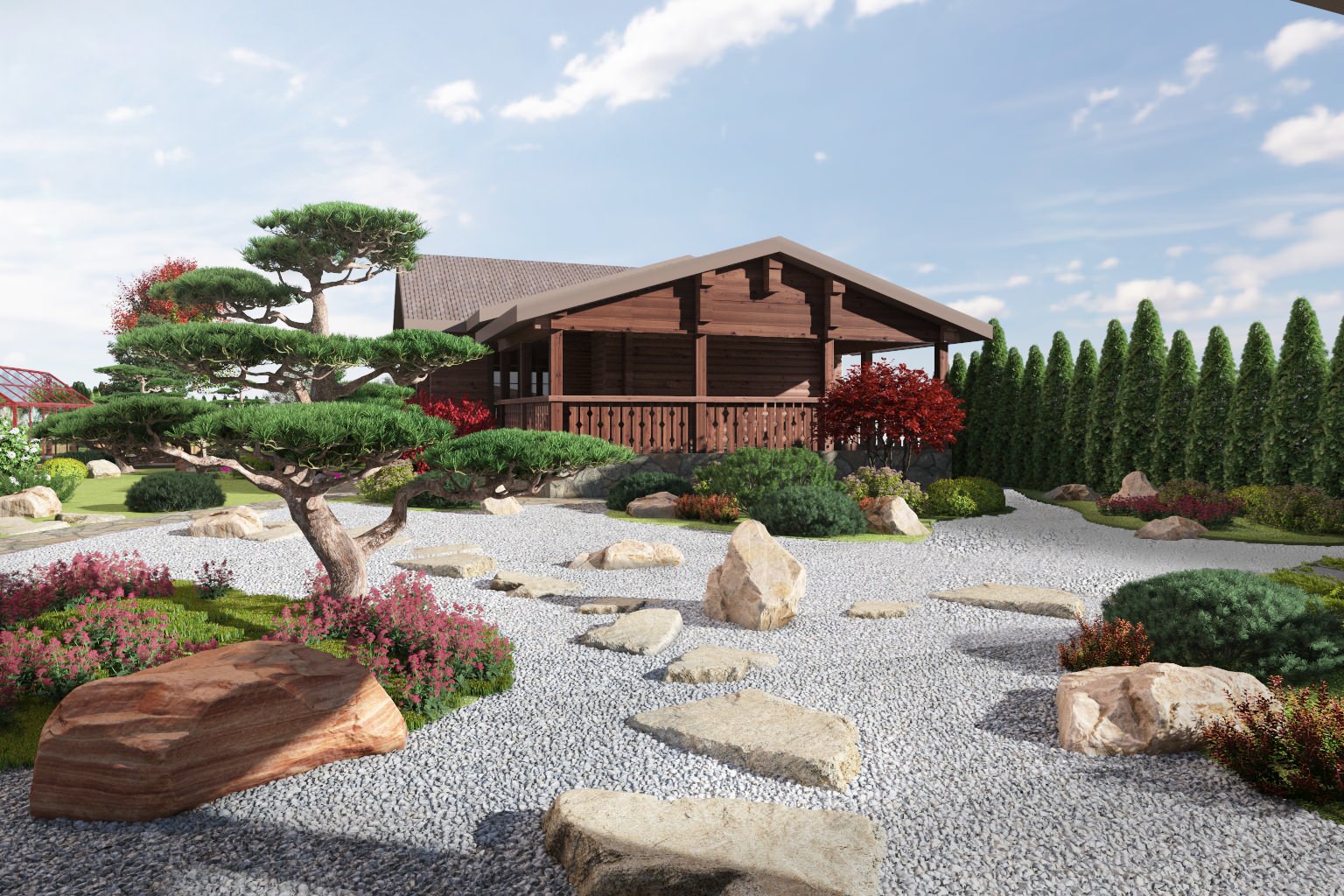 Современный сад в японском стиле.