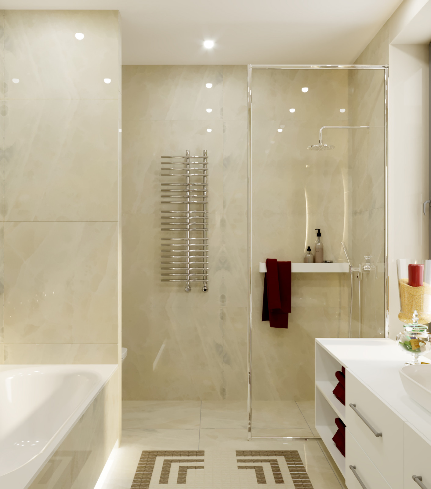 Ванная комната со светлой отделкой под мрамор