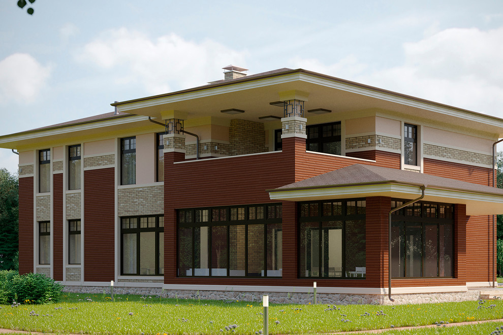 Загородный дом в стиле Райта. Вид террасы с панорамным остеклением