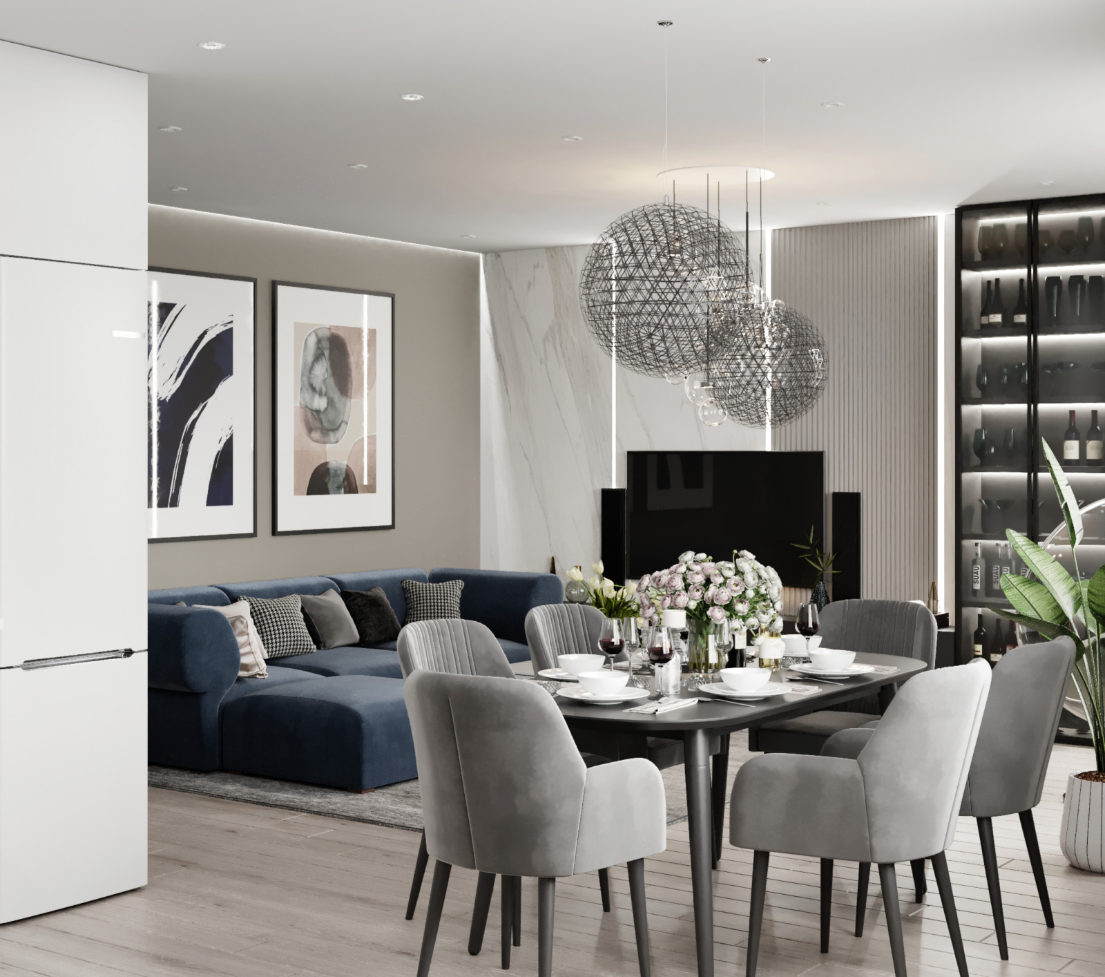 Столовая-гостиная, оформление стены крупноформатным керамогранитом