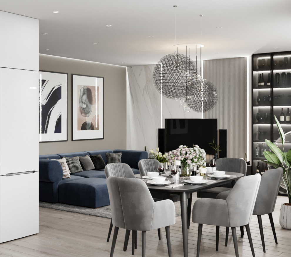 Столовая-гостиная, оформление стены крупноформатным керамогранитом