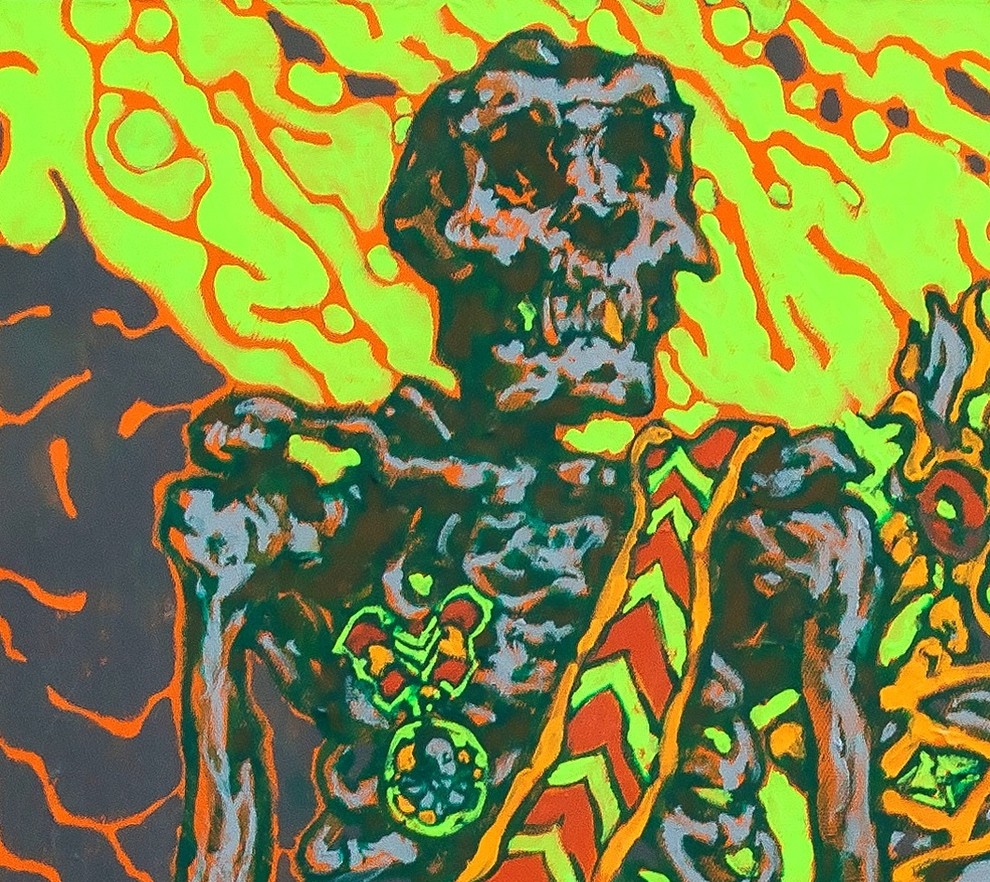 Original large painting colorful green Anthropological skeletons Contemporary ar