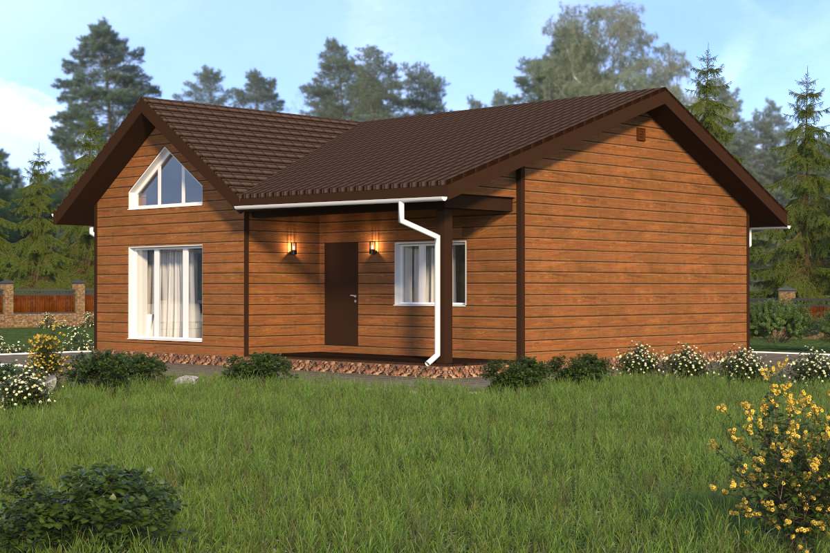 Проект одноэтажного дома 90 м2 в стиле шале с обшивкой из сайдинга под дерево