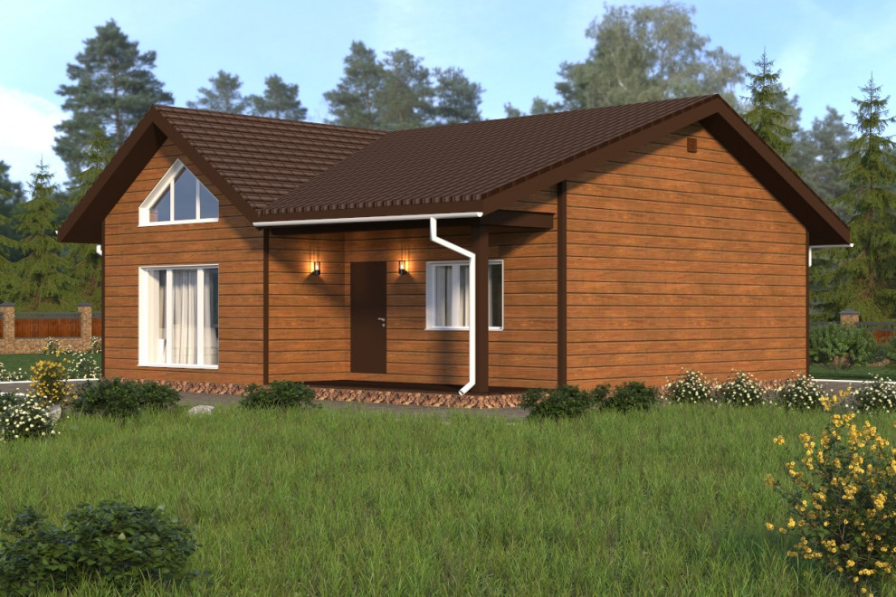 Проект одноэтажного дома 90 м2 в стиле шале с обшивкой из сайдинга под дерево
