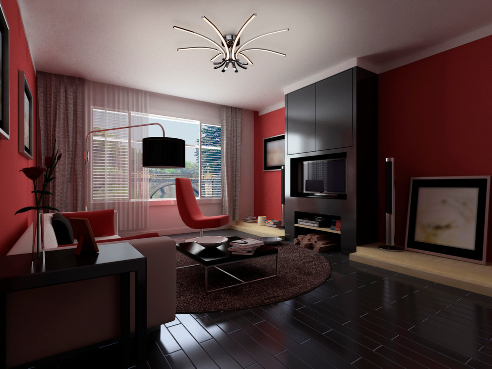 Гостиная в контрастных красно-черных тонах