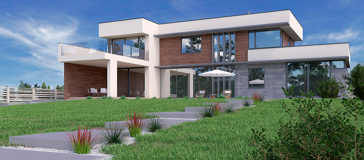 Современный дом с баней на одном участке у леса