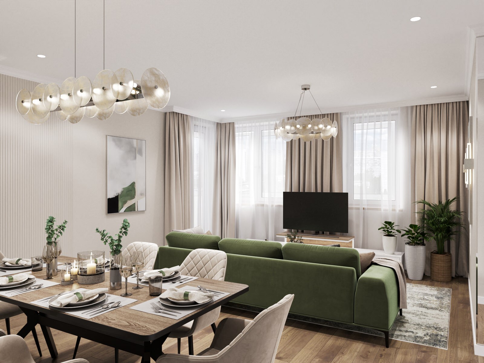 Гостиная с зеленым диваном