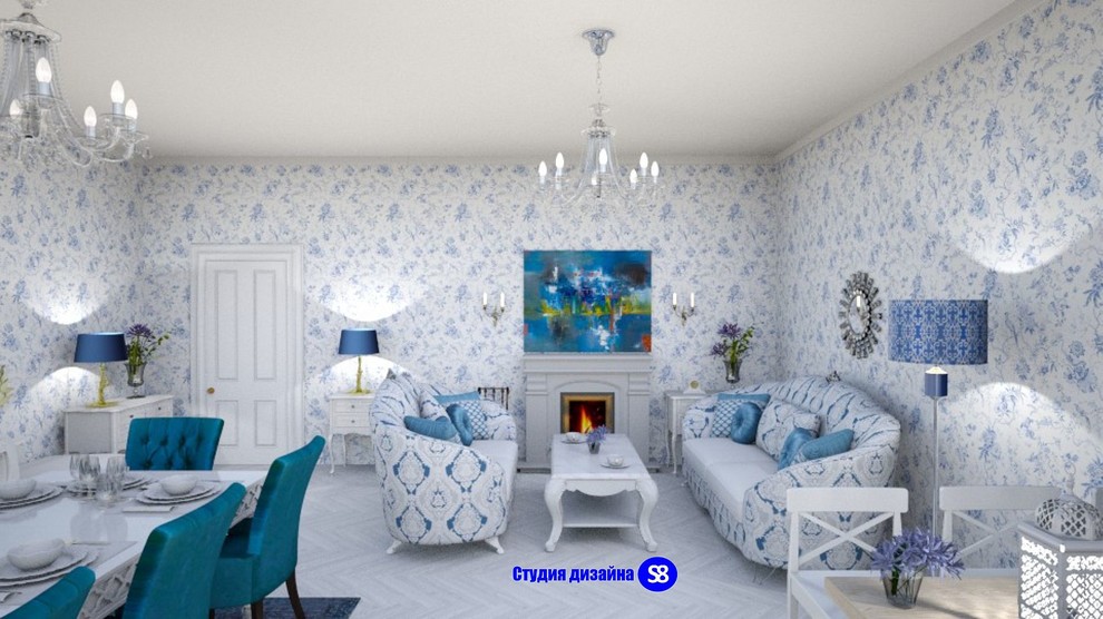 Кухня совмещенная с гостиной в классическом стиле для клиента из Франции