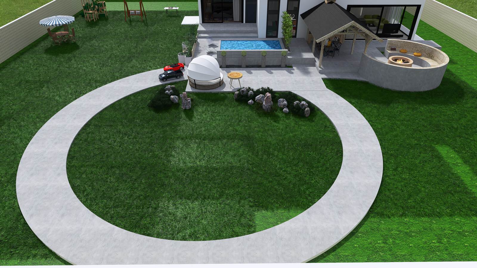 Пространство перед домом. Бассейн. Барбекю. Костровая чаша.