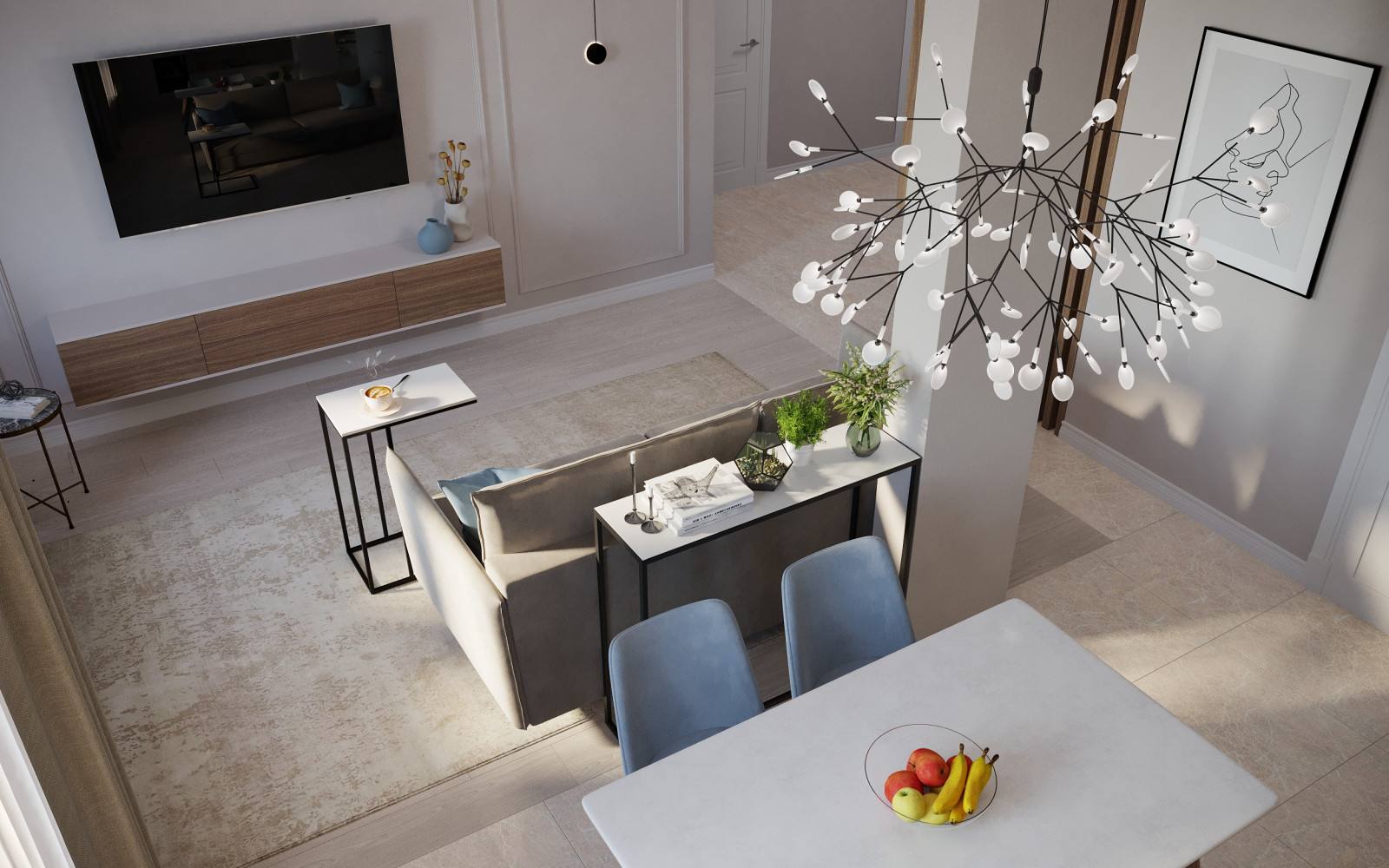 Визуализация гостиной с зоной кухни в московской квартире