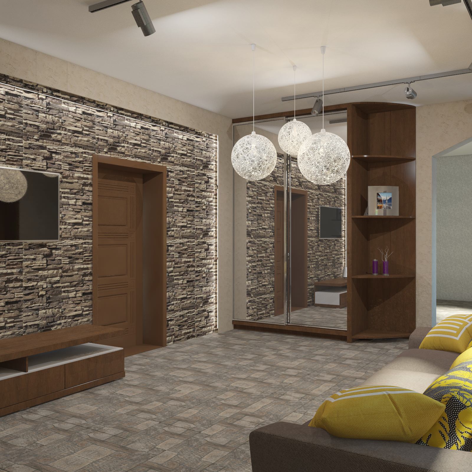 Хай тек в санузлах с плиткой Атем и экостиль с 3 Д панелью в спальне