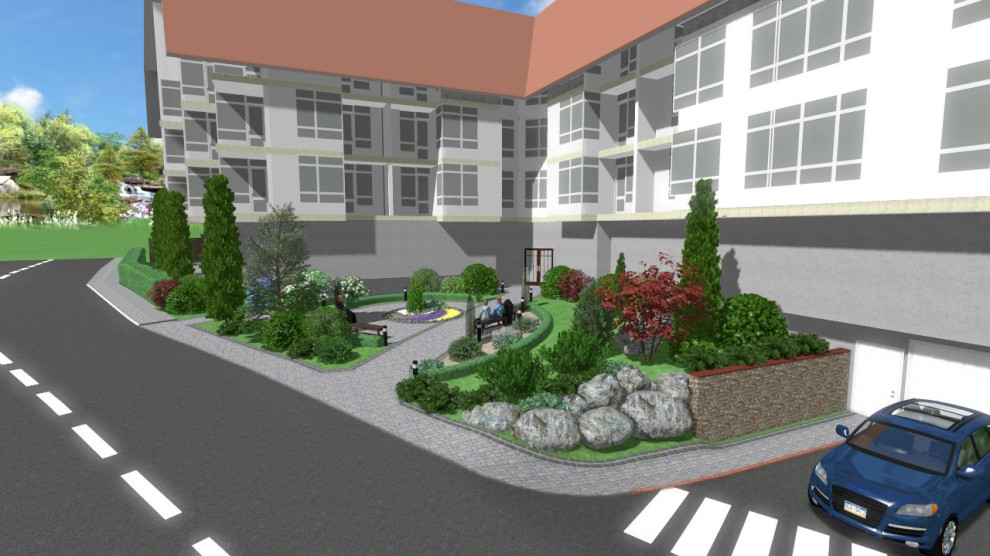 Входная группа многоквартирного дома с детской площадкой