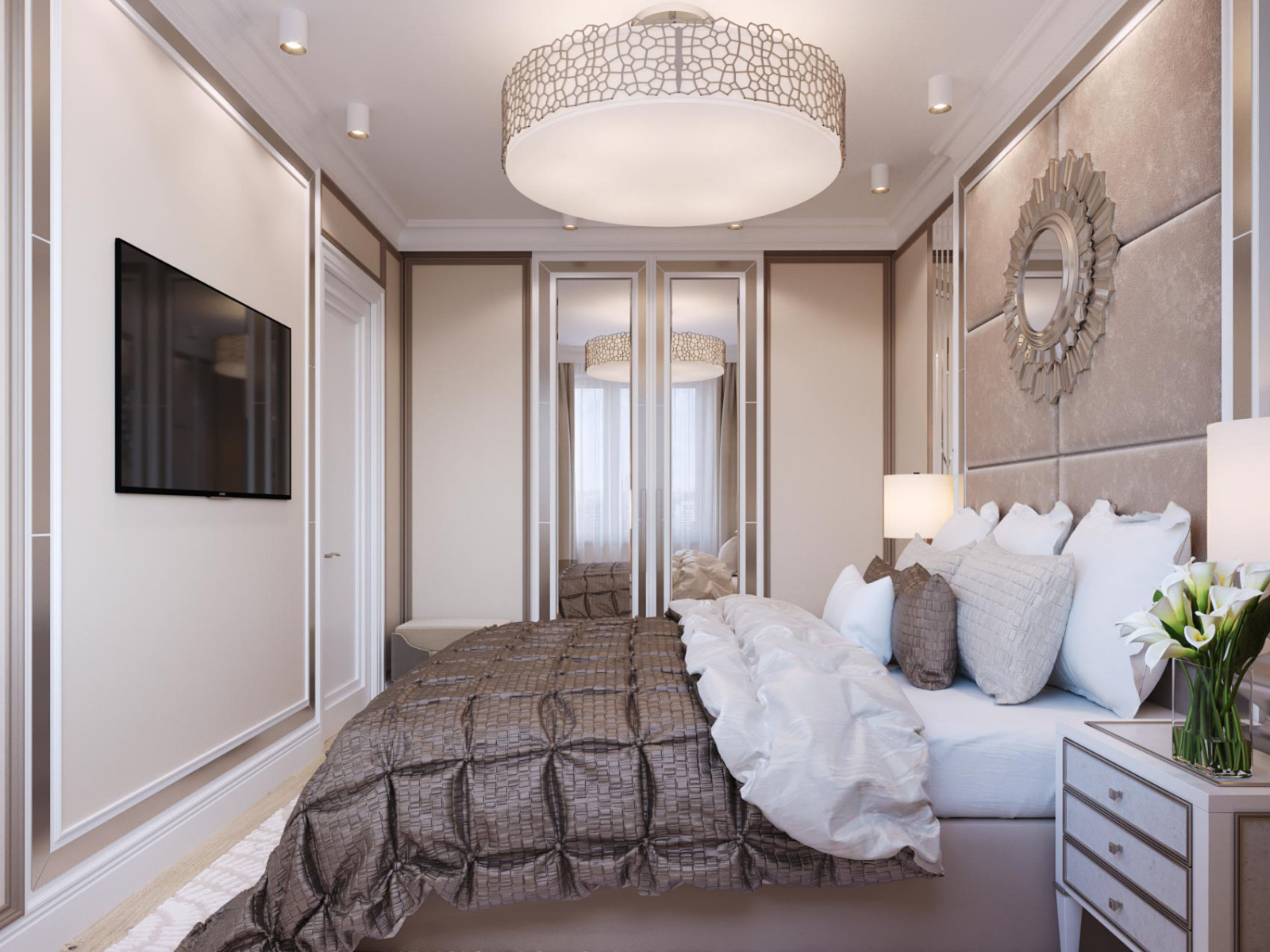 Спальня с гардеробной комнатой. Современная классика с элементами ар-деко