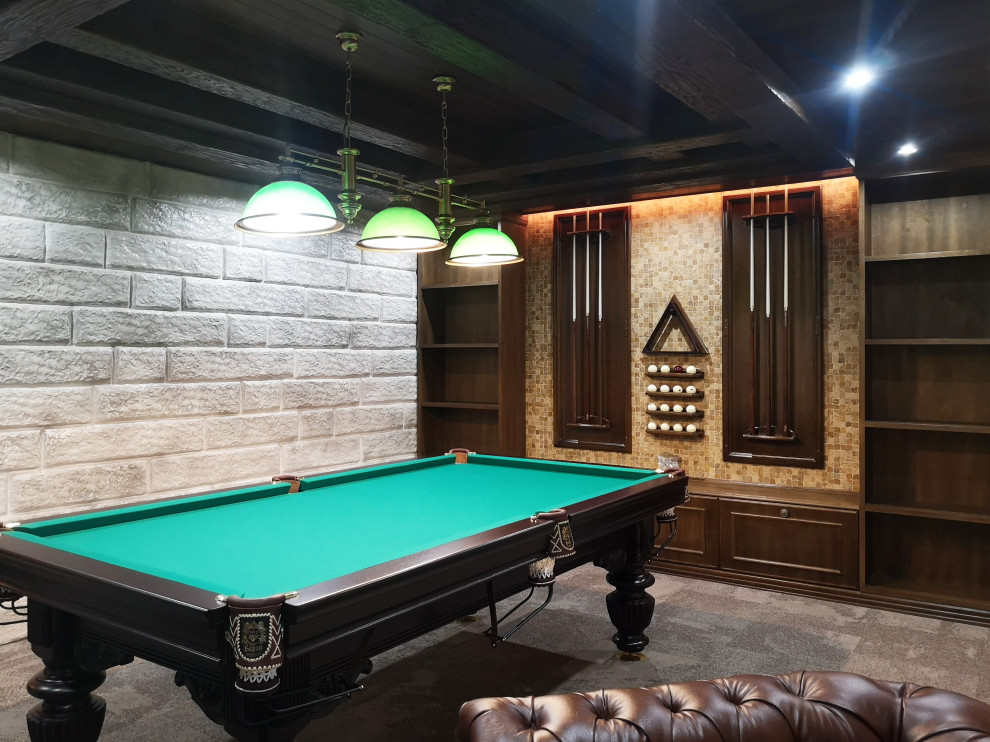 Фото готового интерьера. Цокольный этаж загородного дома, зона для отдыха