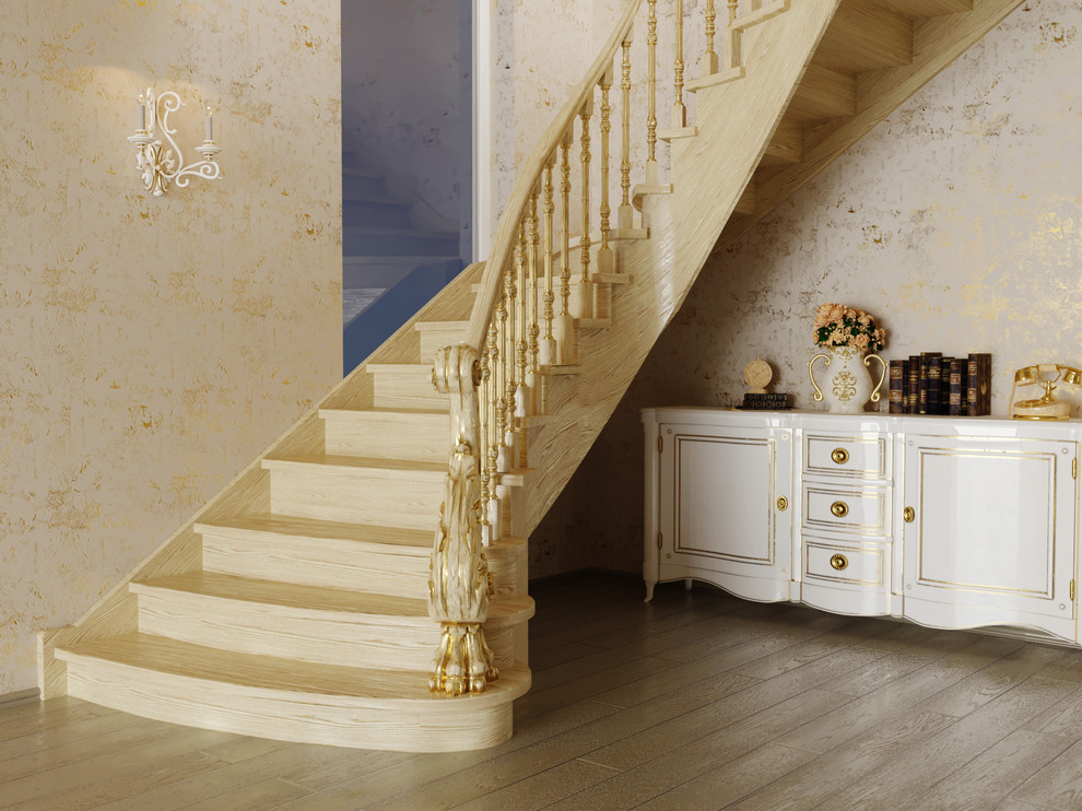 3D визуализации светлой лестницы с золотой патиной