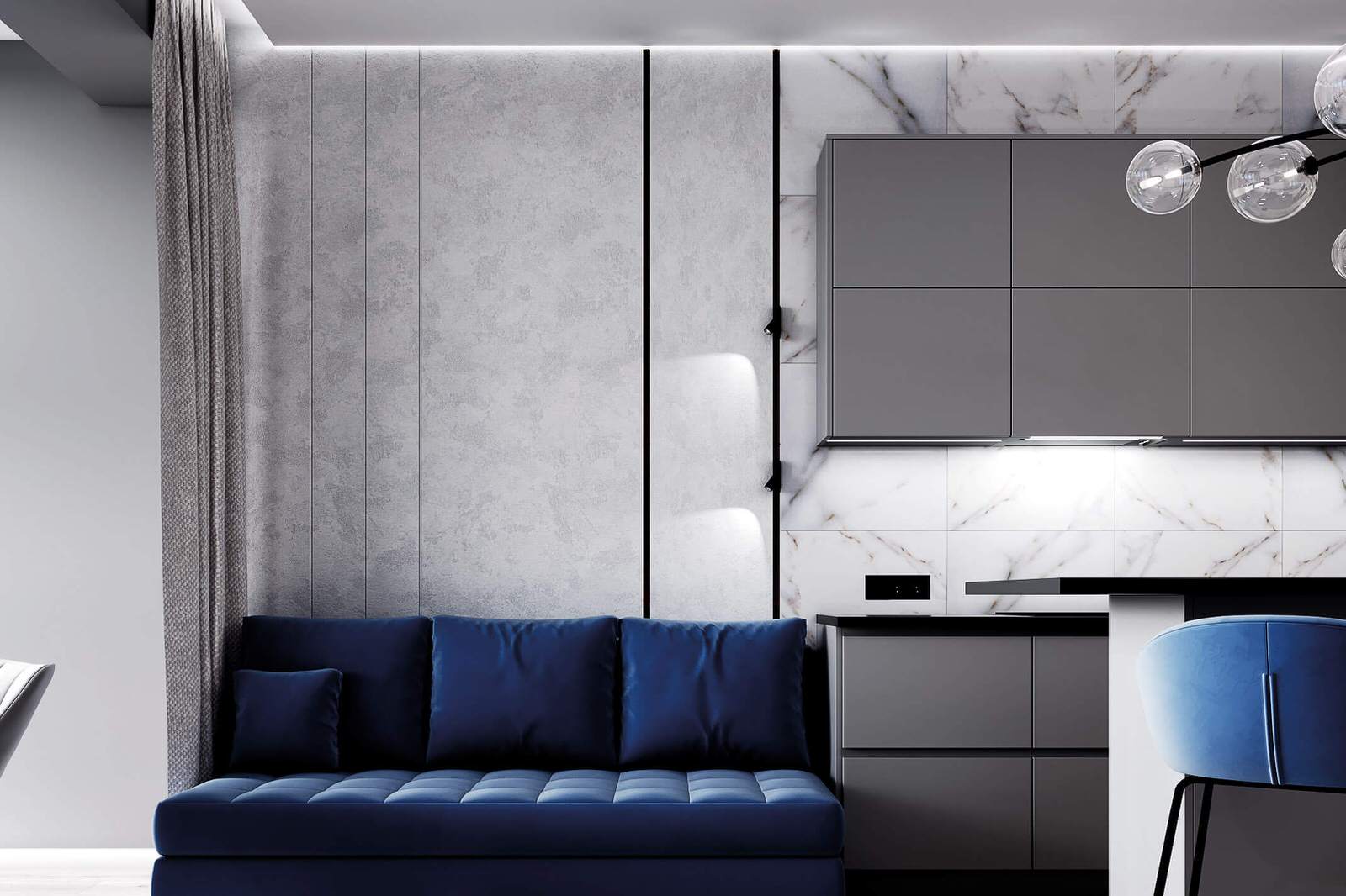 Современный дизайн в серых тонах, ЖК Панорама