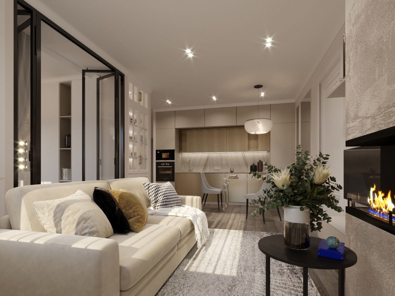 Двухкомнатная квартира с элементами неоклассики и современного стиля: кухня-гост