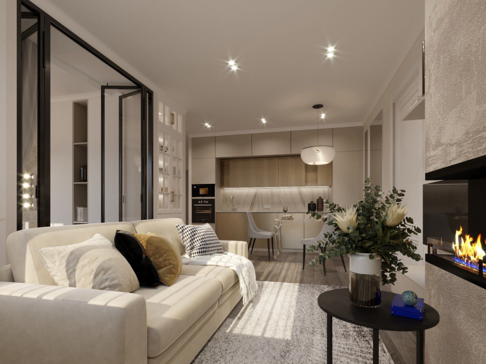 Двухкомнатная квартира с элементами неоклассики и современного стиля: кухня-гост