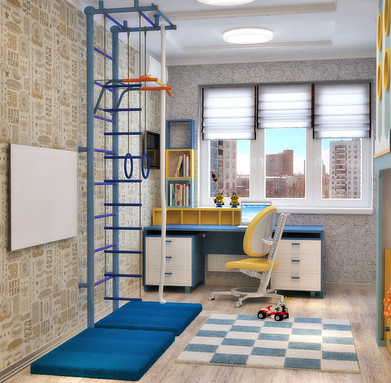 Sportive kids room for 2 children in blue and red - 3D vizualization