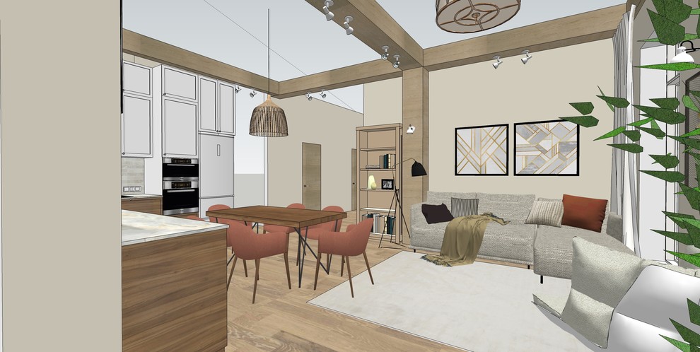 Деревянные балки в современной кухне-гостиной